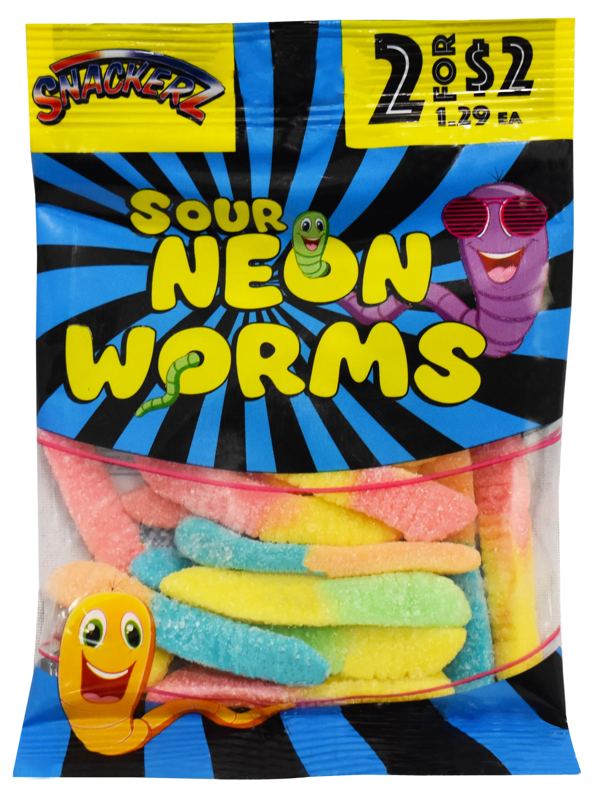 Snackerz 2/$2 Sour Neon Worms 12/2.5oz Bags